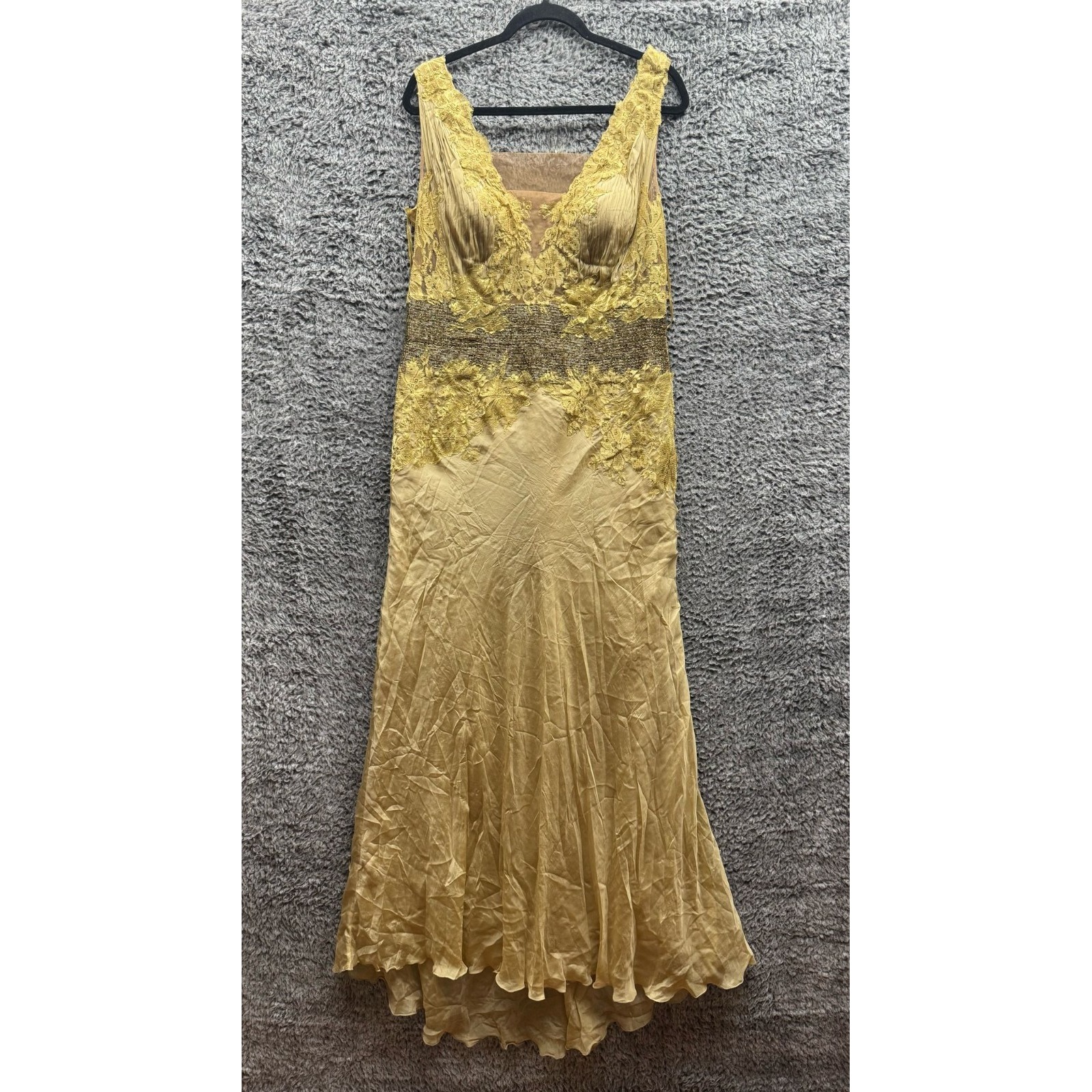 Alberto Makali Silk & Sequin Sleeveless Long Evening Gown Gold Womens Size 14